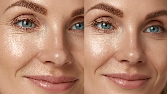 Closeup of a smiling woman's face showing the effects of digital retouching and cosmetic procedures, with a visible transition from wrinkles and imperfections to smooth, rejuvenated skin