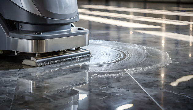 Close-up of an industrial floor scrubber machine washing a wet glossy marble tile surface, leaving circular brush patterns and bright light streaks in a commercial building.
