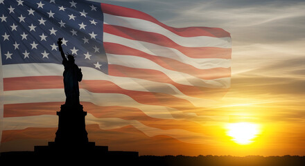 Naklejka premium Silhouette of Statue of Liberty with American Flag at Sunset Dramatic Sky