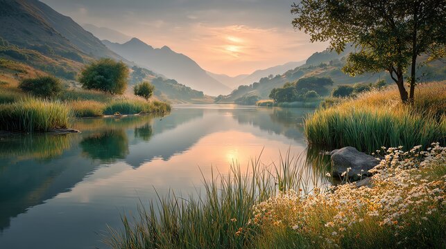 misty river valley landscape in golden sunrise, warm glow over tranquil water and deep green hills, ultra sharp details