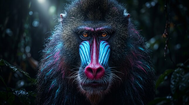 Vibrant mandrill portrait in jungle foliage