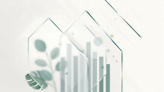 Abstract Clean Corporate ESG Presentation Graphic Displaying Layered Frosted Glass Panes Blurring Financial Growth Bar Charts And Natural Green Botanical Plant Foliage