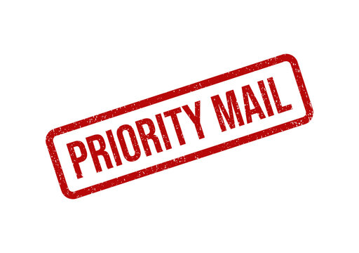 Red priority mail rubber stamp ink mark on a flat surface