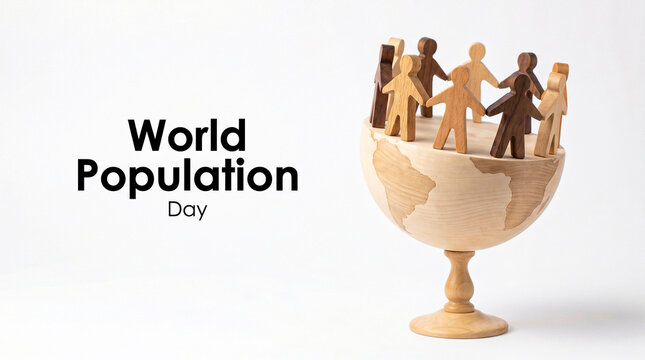 World Population Day concept with wooden people figures on globe, global community and diversity illustration, international human rights banner