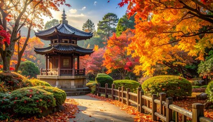 Fototapeta premium Traditional Pagoda Pavilion in Autumn Garden with Golden Leaves