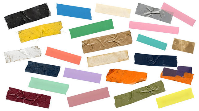 Collection of various colored adhesive tape strips isolated on transparent background