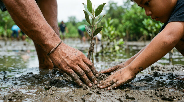 Adult and child hands planting a small tree seedling in muddy soil.