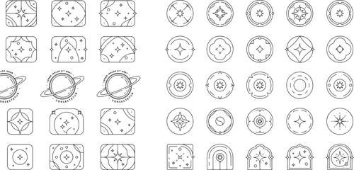 Obraz premium Space stars and celestial decorative frames circular patterns geometric cosmic badges design collection. Vector illustration