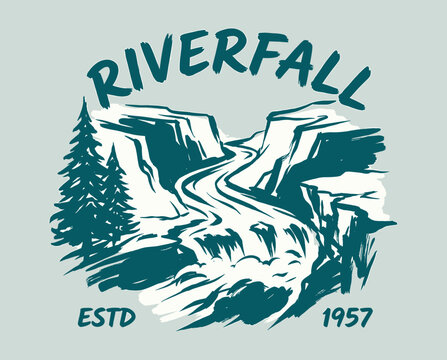 Vintage riverfall nature illustration. Retro outdoor adventure t-shirt design. Mountain canyon landscape with pine trees. ESTD 1957 badge.