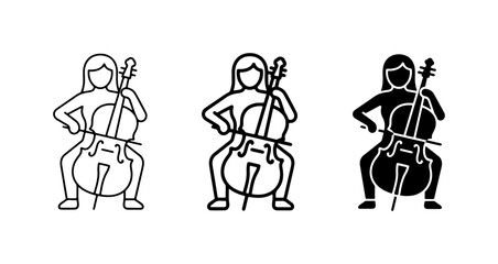 Cello Player Icons, Vector Set: Outline, Line Art, and Silhouette Illustrations of Musician with String Instrument for Music and Orchestra Themes © Sabbir