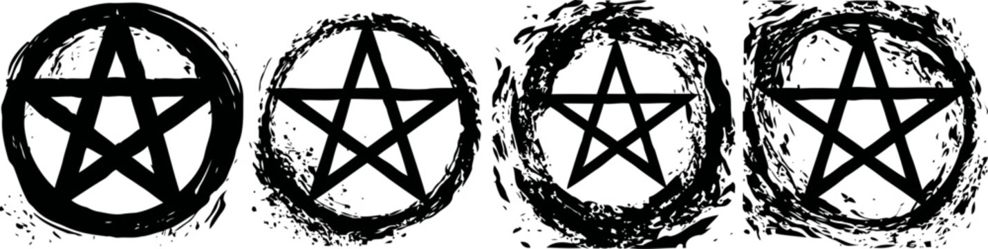 Four black pentagram symbols with varying circle styles on white background