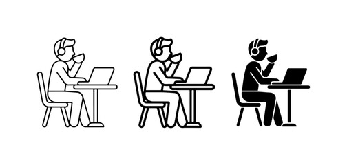 Fototapeta premium Person with Headphones Working on Laptop, Drinking Coffee, Stick Figure Icons Set