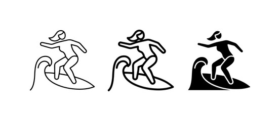 Obraz premium Surfing Woman Icons, Vector Set: Line Art, Silhouette, Black and White Graphics