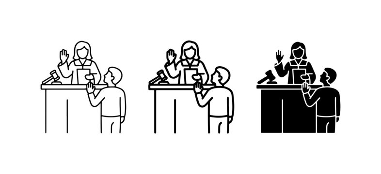 Courtroom Witness Swearing In, Legal Oath Ceremony, Justice System Icons, Law and Order Concepts