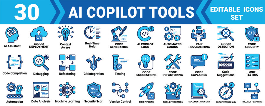 Ai copilot tools minimal vector icon bundle ui ux solid icon set collection 30 editable vector illustration mega pack