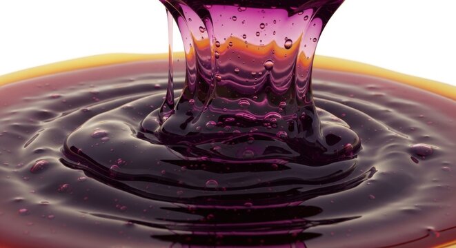 Thick purple liquid pouring creating ripples and air bubbles in amber dish.
