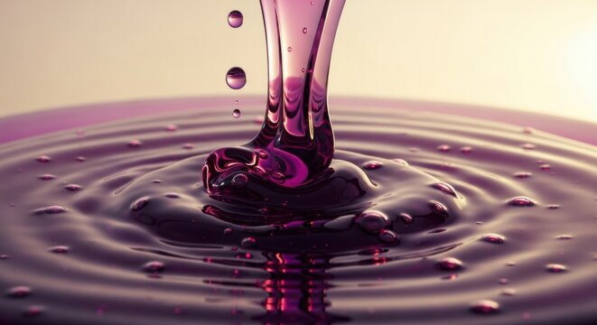 Viscous purple liquid pouring and dripping creating ripples and bubbles.