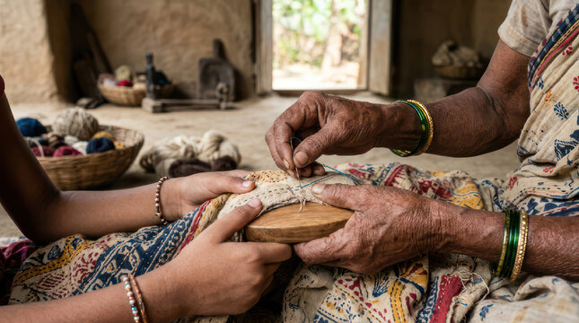Elderly woman teaching younger person traditional craft weaving hands close up.