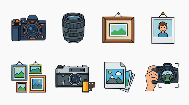 Collection of photography related icons: camera, lens, framed pictures, film roll, and hand holding camera isolated on white background