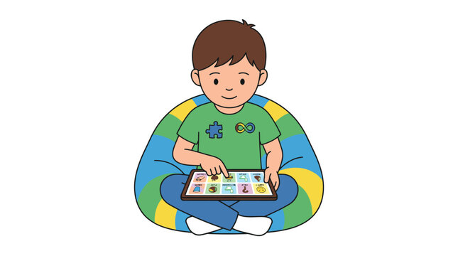 A young boy sitting on a beanbag chair using a digital tablet computer.