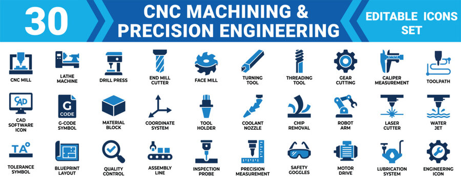 Cnc machining precision engineering icon set minimal 30 vector icons for ui ux editable illustrations
