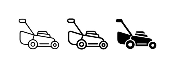 Naklejka premium Lawn Mower Icons, Garden Equipment Vector Set, Lawn Care Machine Graphics