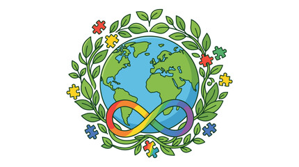 Naklejka premium Earth globe surrounded by green leaves and colorful infinity symbol with puzzle pieces.