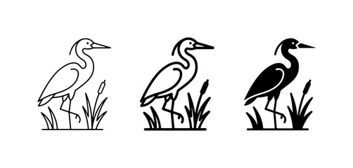 Obraz premium Heron Bird Icons, Minimalist Line Art and Silhouette Styles, Wetland Wildlife Graphics