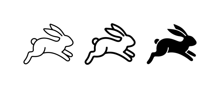 Running Rabbit Icons, Silhouette and Outline, Vector Graphics for Easter and Spring Themes