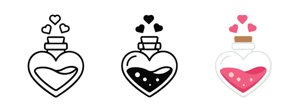 Three heart-shaped love potion bottle in outline, silhouette, and color styles