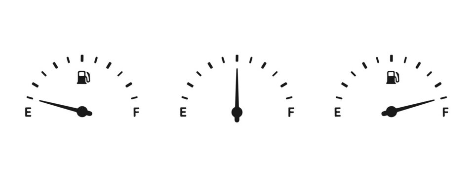 Three fuel gauges with different levels, black on white background