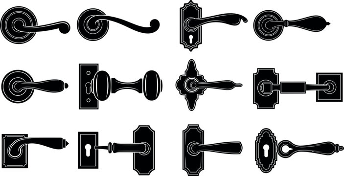 Vintage Door Handle and Knob Silhouette Icon Set for Classic Architecture Home Improvement Hardware and Interior Decoration Vector Designs