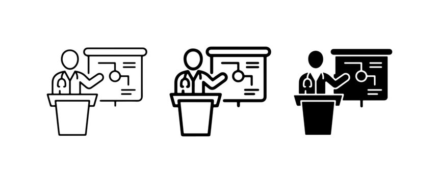 Presentation Icon Set, Speaker at Podium, Flowchart Diagram, Medical Lecture, Business Meeting