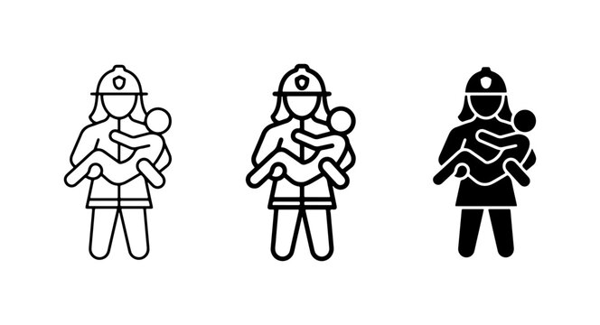 Firefighter Rescues Child Icons, Safety Hero Silhouette, Emergency Service Vector Set