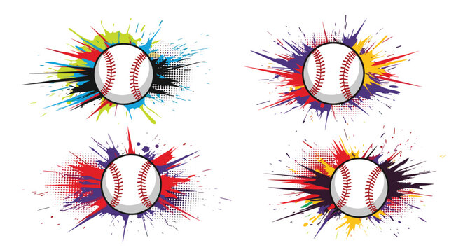 Artistic collection of four baseball graphics surrounded by vibrant multicolored paint splatters and dynamic ink drops for sport design.