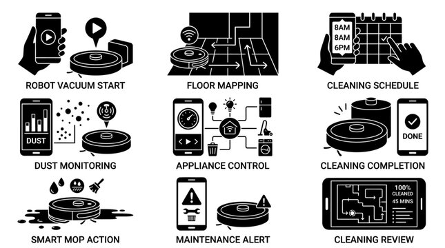 Robot Vacuum Control Icons Black Silhouette Set On White Background