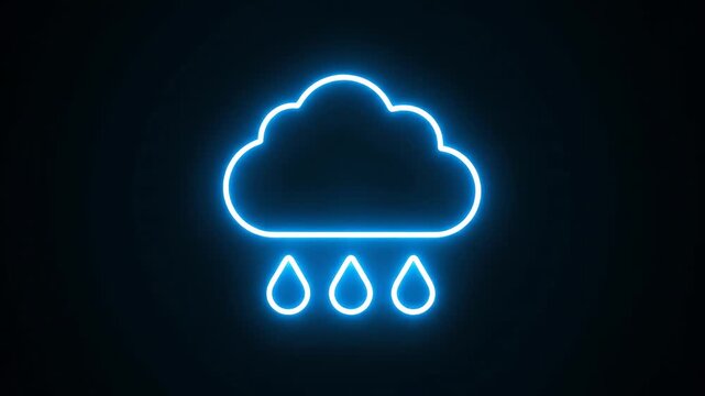 Glowing neon cloud with rain drops against a dark background, weather illustration