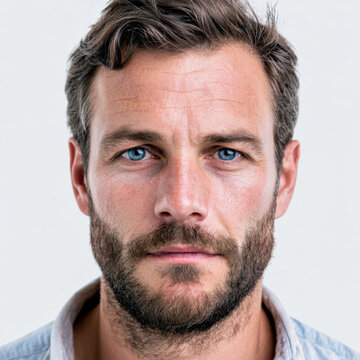 Close-up portrait of handsome middle-aged man with beard and blue eyes looking at camera against white background