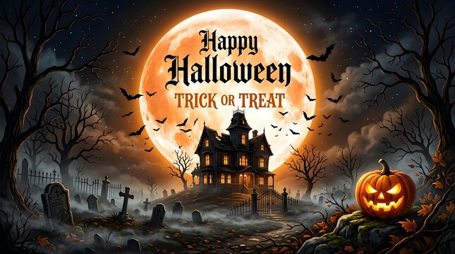 Spooky halloween night with full moon haunted house and jack o lantern