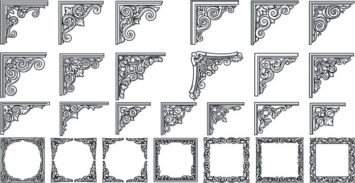 Vintage Ornate Corner Bracket and Frame Vector Set with Decorative Filigree Scrollwork Patterns for Laser Cutting Woodworking Designs