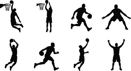 Basketball Player Silhouette Set with Dribbling Dunking Shooting and Celebration Poses © Mim