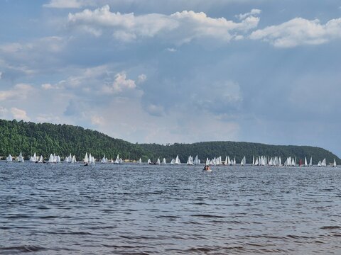  sailing regatta on a mountain lake.