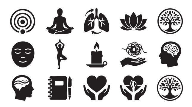 Mindfulness icons, meditation symbols, wellness graphics, yoga signs, 16 black silhouette vector set