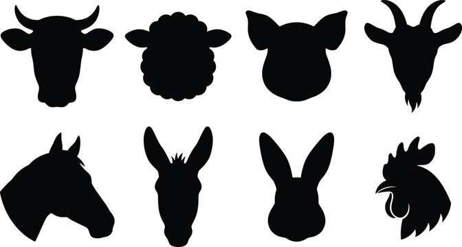 Farm Animal Head Silhouette Collection with Livestock and Domestic Animal Icons