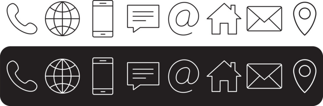 A row of black outline icons representing various contact methods