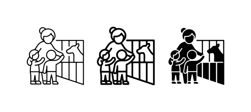 Zoo Visit Icons: Family Watching Horse in Enclosure, Line Art and Silhouette Styles