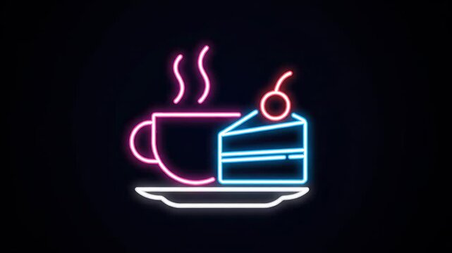 Glowing neon sign featuring a cup of coffee and a slice of cake with cherry