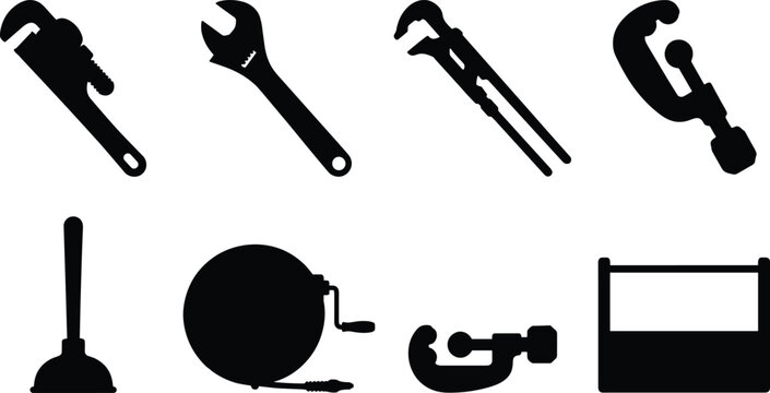 Plumbing and Pipe Repair Tools Silhouette Collection with Hand Tool Icons