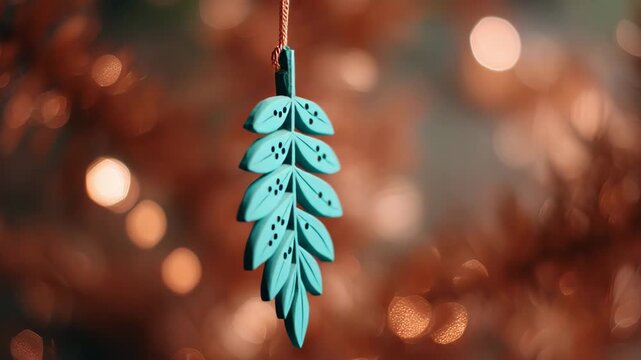 Matte resin leaf ornament floating cleanly, balanced composition, strong clarity, forest green ornament against soft copper brown bokeh background
