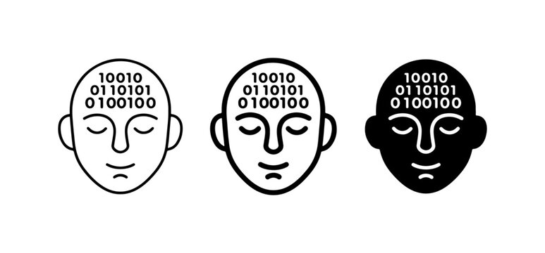 AI Brain Icons, Binary Code Mind Set, Artificial Intelligence Concepts, Machine Learning Human Head